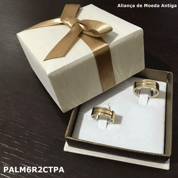 Par de Aliança de Moeda Antiga  Reta 6MM com Revestimento em Prata 2 Canaleta Torno Pequena Abertas - PALM6R2CTPA